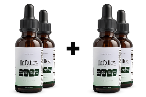 Four Linfaflow lymphatic drainage drops bottles — most popular Buy 2 Get 2 Free package